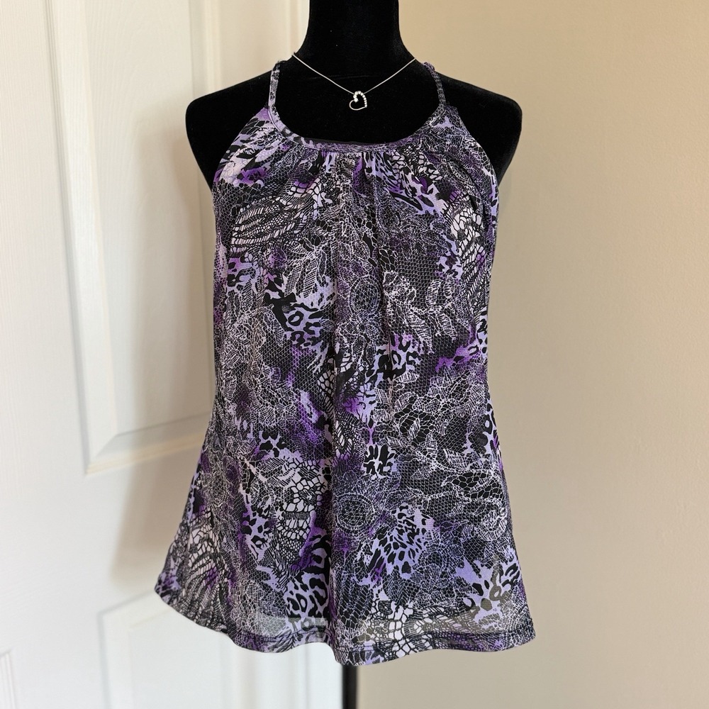 Iz Byer VTG Y2K Babydoll Halter Top Purple (L) Lace Cheetah Print Punk Festival
